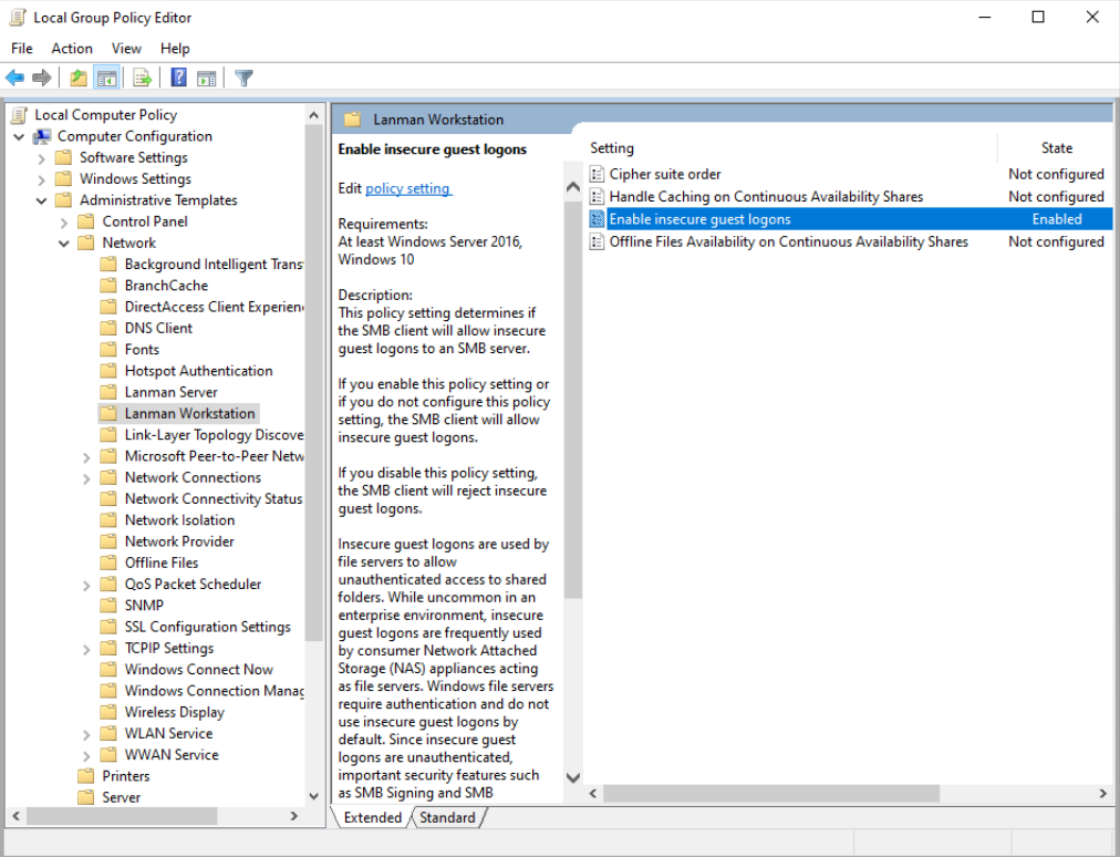 enable insecure guest logons